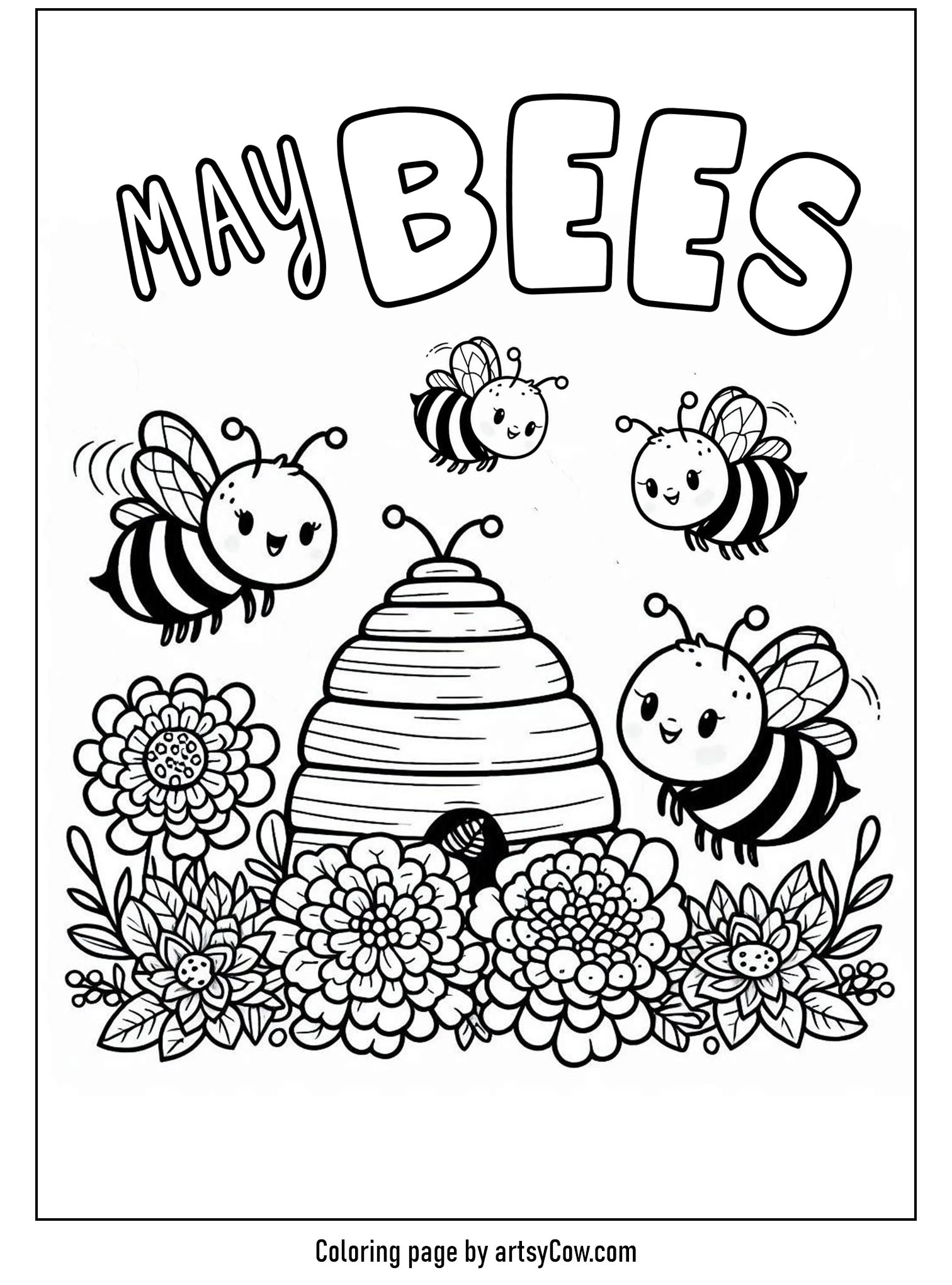 may coloring pages featuring cute bees buzzing around a hive surrounded by spring blooms. Perfect for kids to enjoy and color during the merry month of May.